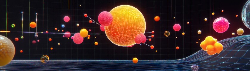 Poster - A vibrant, abstract representation of particles in a digital space, showcasing various colors and forms against a dark background.