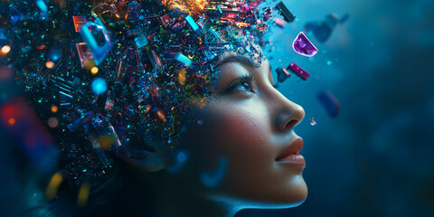 Poster - Woman's profile, colorful fragments surrounding her head, suggesting digital transformation or technological integration, creating a futuristic and imaginative concept