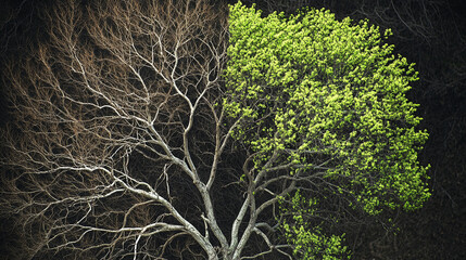 Half of tree bare branches, other half vibrant green leaves, contrasting textures, symbolizing rebirth, spring, life cycle, nature's renewal