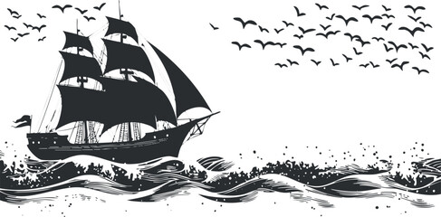  Black and white illustration of a vintage sailing ship with birds flying over ocean waves.