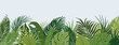 © Good Studio - Tropical jungle leaf plants border. Banner background with exotic green leaves. Rainforest foliage, nature, lush greenery, vegetation, floral botanical leafy decoration. Flat vector illustration