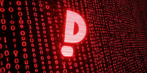 Poster - Red question mark formed by binary code digits, against a background of more binary code, representing digital query, enigma, or uncertainty