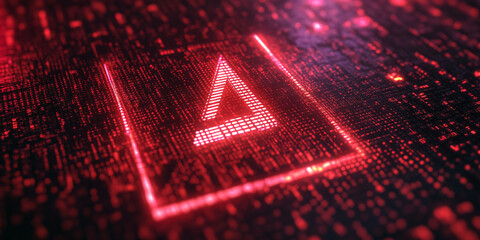 Poster - Red glowing digital symbol within a square frame, set against a backdrop of binary code, representing data, technology, or digital security