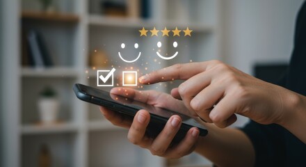 Person using smartphone to give feedback with checkboxes and smiley faces