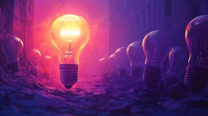 Poster - A bright lightbulb glowing amidst a row of unlit bulbs, showcasing unique ideas and problem-solving skills.