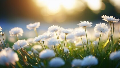 Poster - soft white wildflowers in morning sunlight with dewdrops on grass, dreamy nature scene for background, romantic design