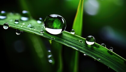 Poster - macro water droplet on vibrant green grass blade with reflections, nature purity concept, abstract natural background

