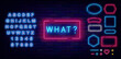 © Anastasia Gapeeva - What neon emblem. Glowing greeting card. Shiny blue alphabet. Trivia quiz. Online chat. Vector stock illustration