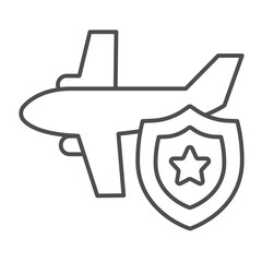 Fototapete - Airbus plane and safety emblem thin line icon, tropical voyage concept. Vector graphics. Regular airplane and service shield sign on white background, outline style icon for mobile or web design.