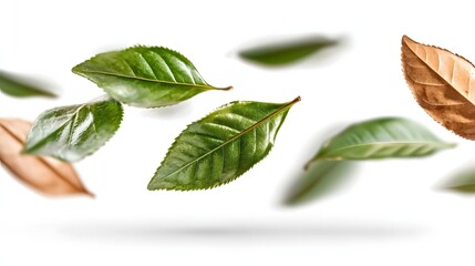 Wall Mural - Floating Green and Brown Leaves Captured Against a Soft White Background in Natural Light