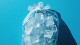 Ice cubes in plastic bag on blue background