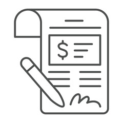 Poster - Expenses document with pen signature thin line icon, family lawyer concept. Vector graphics. Taxation and court fee contract sign on white background, outline style icon for mobile or web design.