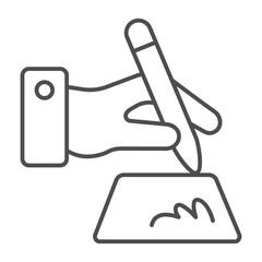 Poster - Hand with pen and contract signature thin line icon, human rights concept. Vector graphics. Signed document paper, justice sign on white background, outline style icon for mobile or web design.