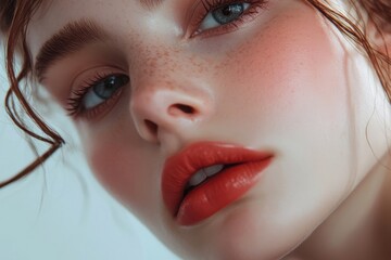 Aufkleber - Captivating portrait of a model showcasing vibrant makeup and natural beauty in a studio setting