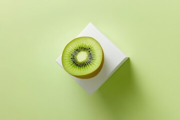 Aufkleber - Sliced kiwi showcasing vibrant green flesh and black seeds on a white pedestal with a soft green background