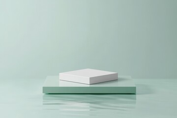 Aufkleber - Minimalist presentation of a white box on a green platform with a serene background setting