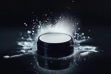 Poster - White powder explosion from a black container against a dark background showcases creative artistry in a studio setting
