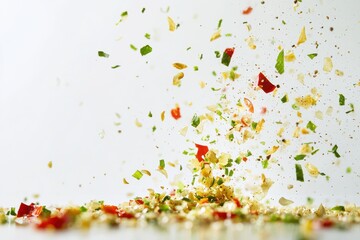 Poster - Colorful spices scatter dynamically across a smooth surface during a culinary preparation process in a bright kitchen environment