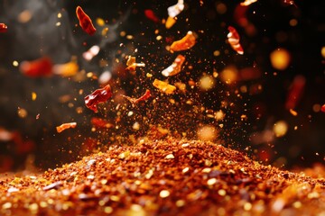 Aufkleber - Chili flakes falling over a mound of spices create a vibrant and dynamic display of color and texture in a kitchen setting