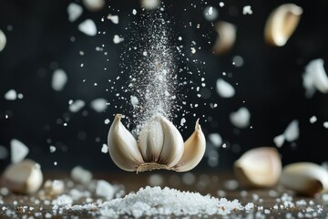 Poster - Fresh garlic cloves and sea salt create a beautiful culinary display in a dark background setting