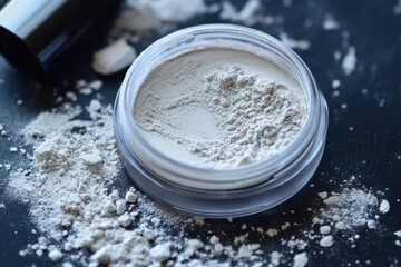 Poster - Cosmetic powder spills out from a container onto a dark surface during makeup application