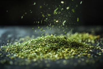 Poster - Herbs being sprinkled over a mound on a dark surface, creating an aromatic and flavorful atmosphere in a culinary setting