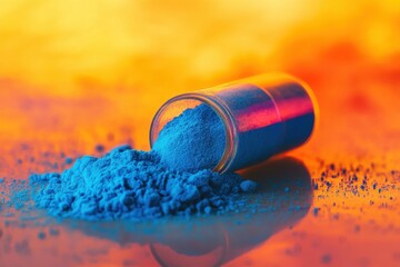 Aufkleber - Colorful blue powder spills from a glass vial on a vibrant orange and yellow background during an artistic event