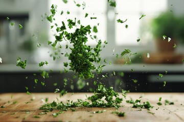 Aufkleber - Freshly chopped herbs flying in the air above a wooden countertop in a bright kitchen