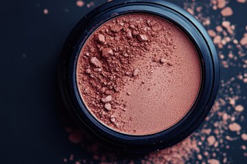 Poster - Rich bronzer powder in a black container with scattered makeup on a dark background