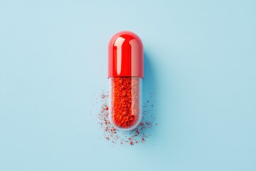 Aufkleber - Bright red capsule spilling powder on soft blue background in a minimalist setting