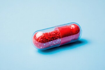 Poster - Bright red capsule filled with granules resting on a pastel blue surface, showcasing beauty in simplicity and modern design
