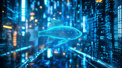 Futuristic digital fish swimming in a data stream.