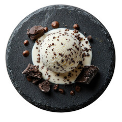 Wall Mural - Top view of a delicious looking Kumpir Tatlısı with ice cream on a dark stone plate isolated on a white transparent background
