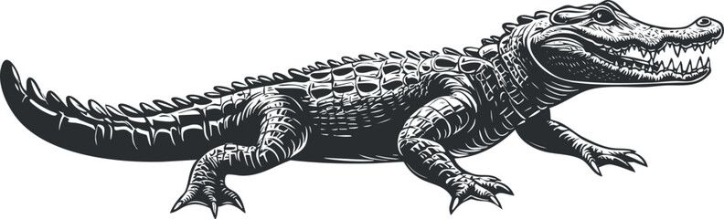 Wall Mural - Detailed black and white illustration of an alligator with scales and sharp teeth.