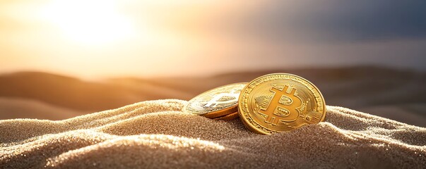 Poster - Ancient gold coins buried in sand, symbolizing hidden treasure, buried gold, treasure hunt