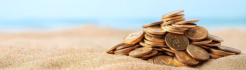 Poster - Ancient gold coins buried in sand, symbolizing hidden treasure, buried gold, treasure hunt