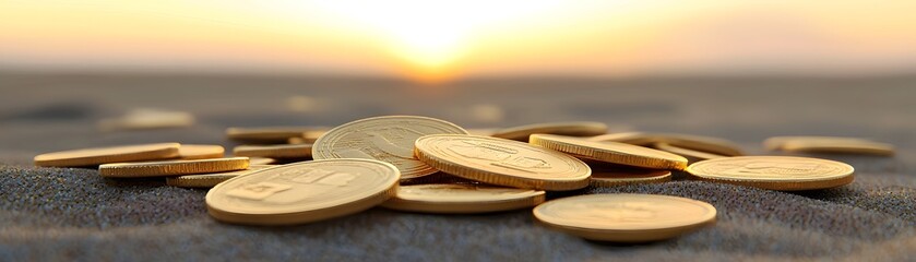 Poster - Ancient gold coins buried in sand, symbolizing hidden treasure, buried gold, treasure hunt