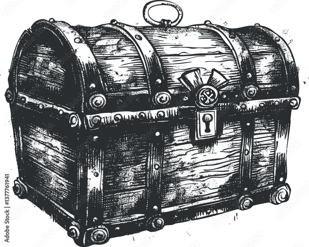 Detailed black and white illustration of a vintage wooden treasure ...