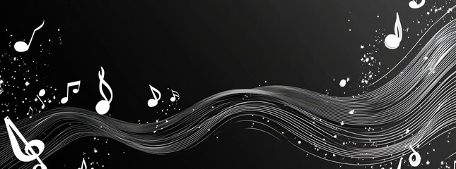 Aufkleber - a black and white image of musical notes and a wave. black and white vector music notes on a wavy li