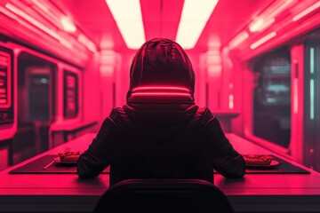 Poster - Futuristic figure in neon environment sci-fi concept high-tech setting urban aesthetic thought-provoking scene