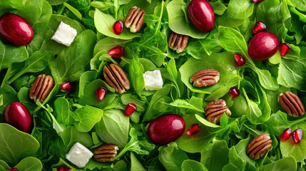 Poster - vibrant salad with mixed greens, pecans, pomegranate seeds, and feta cheese creates fresh and colorful dish. combination of textures and flavors is visually appealing and appetizing