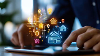 Leinwandbilder - person interacts with digital tablet displaying colorful icons of houses and lightbulbs, symbolizing innovative real estate technology solutions
