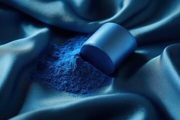 Poster - Vibrant blue powder spilled from a cylindrical container on smooth fabric, creating an artistic composition