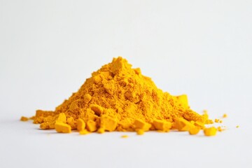 Poster - Golden turmeric powder pile ready for culinary and health uses on a white background