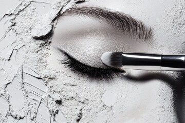 Poster - Makeup brush applying product on a textured skin surface with a white background and dramatic contrast highlighting the eye