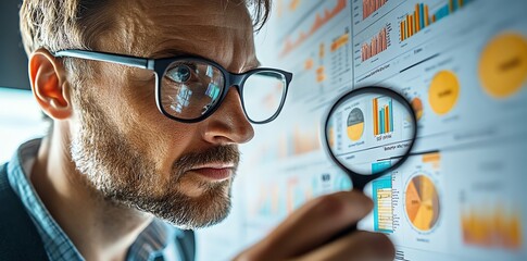 Poster - Focused Man Analyzing Data Charts with Magnifying Glass: Intense Business Analytics