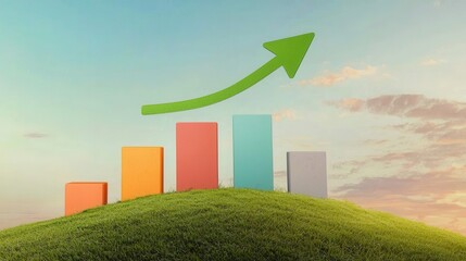 Poster - A digitally rendered image depicting a stylized graph with an upward arrow on a grassy hill against a scenic sky symbolizing the concept of business expansion economic development and rising success