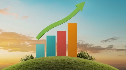 Poster - A vibrant digital depicting an upward trend in sustainable progress and economic growth set against a backdrop of a serene natural landscape at sunset