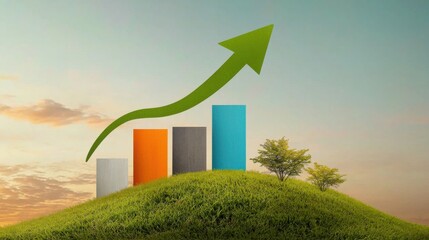 Poster - A visually striking conceptual depicting business growth and progress represented by a rising graph arrow against the backdrop of a scenic natural landscape with a grassy hill trees