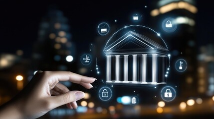 Poster - A hand reaches out to touch a glowing bank icon surrounded by circuit patterns and a city skyline, showcasing futuristic technology in 2059